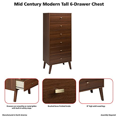 Prepac Milo Mid Century Modern Tall Chest, 6-Drawer, Cherry