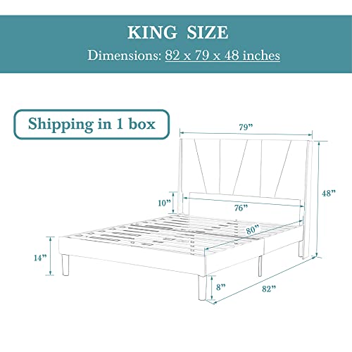 King Size Platform Bed Frame with Geometric Wingback Headboard