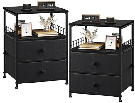 Nightstand Set of 2, Bedside Table with Fabric Drawers and Open Wood Shelf Storage