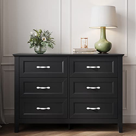 Long Dresser with 6 Drawers, Black Chest of Drawers with Metal Handles