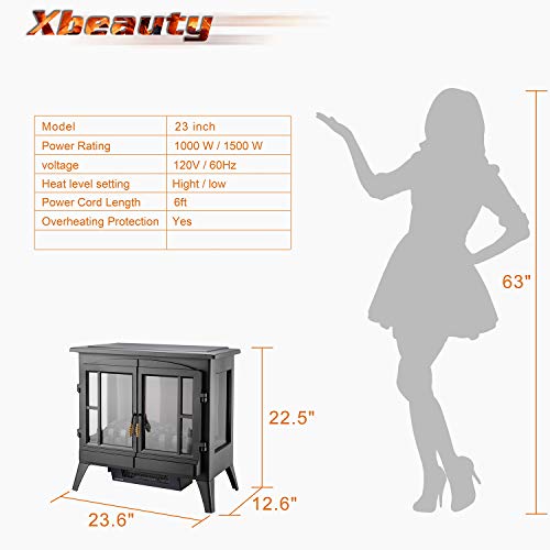 Electric Fireplace Stove, Freestanding Fireplace Heater with Realistic Flame