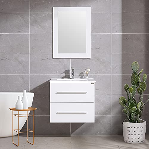 24" White Wall Mounted Bathroom Vanity Set Two Drawers Storage Cabinet with Ceramic Vessel Sink and Mirror Combo Chrome Faucet