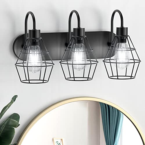 Retro Style Industrial Bathroom Vanity Light 3 Lights, Elibbren Vintage Matte Black Wall Sconce