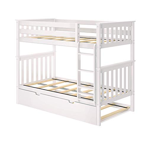 Bunk Bed, Twin-Over-Twin Bed Frame For Kids With Trundle, White