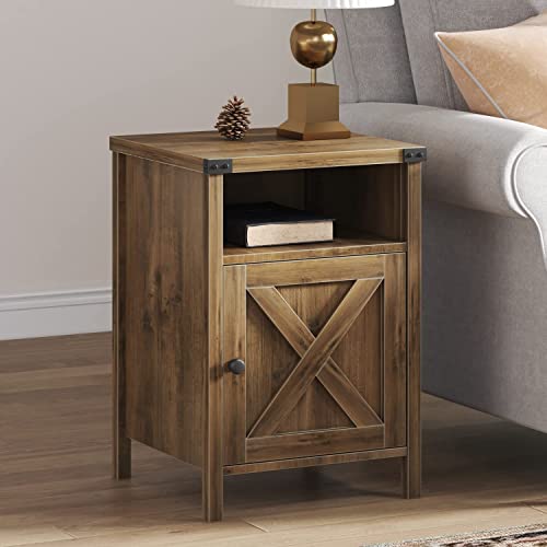 Side Table, Set of 2 End Table with Barn Door and Shelf
