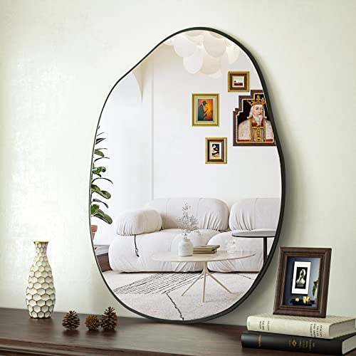 Black Asymmetrical Bathroom Mirror Wood Framed Modern Decorative Vanity Mirror