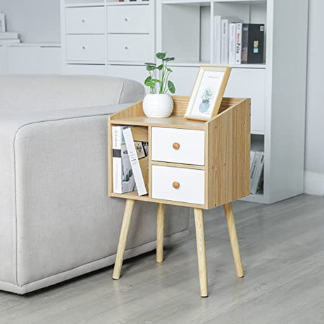 Bedside Table with Storage Drawers Mid Century Modern Nightstand with Vertical Open Storage Compartment and Solid Wood Legs