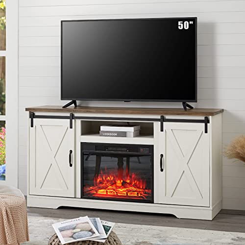 Fireplace TV Stand Sliding Barn Door Wood Entertainment Center