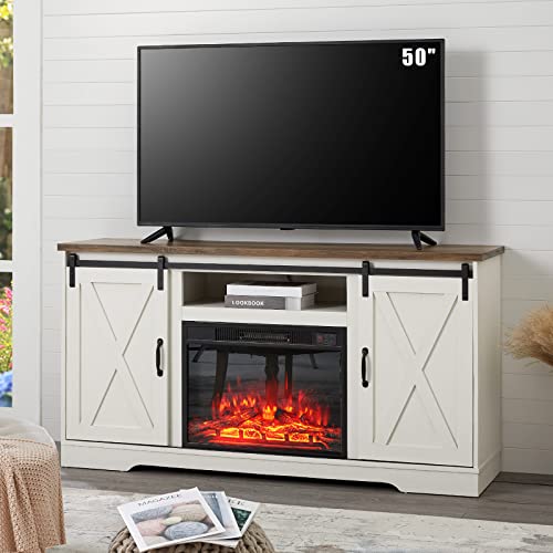 Fireplace TV Stand Sliding Barn Door Wood Entertainment Center with a 23'' Electric Fireplace Insert