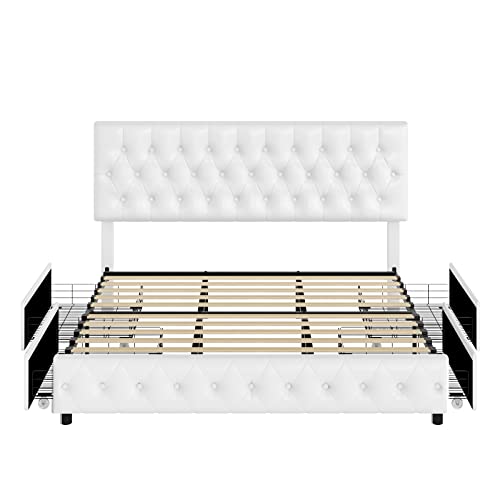 Modern Upholstered Bed Frame with 4 Drawers, Button Tufted Headboard Design