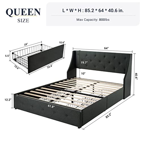 Allewie Queen Bed Frame with 4 Storage Drawers and Wingback Headboard