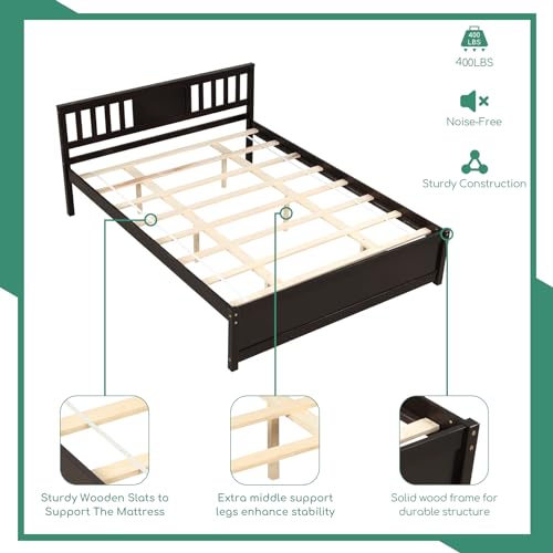 Queen Size Bed Frame, Wood Platform Bed Frame with Headboard, Solid Wood Foundation