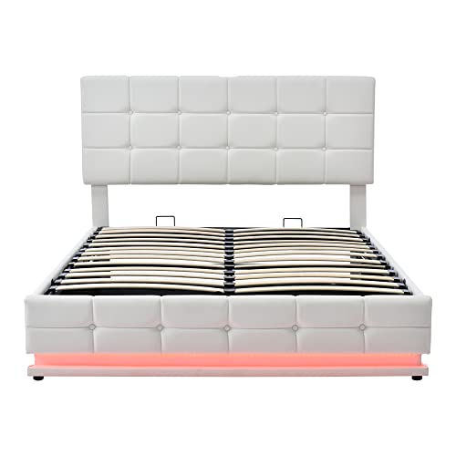3-Pieces Bedroom Sets, Upholstered Bed with LED Lights, Hydraulic Storage System and USB Charging Station