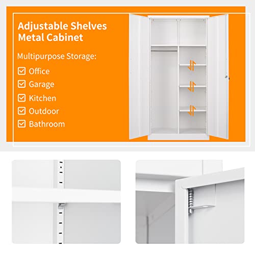 Steel Wardrobe Cabinet with 2 Doors, White Metal Locker Cabinet