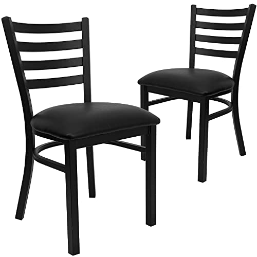 2 Pack HERCULES Series Black Ladder Back Metal Restaurant Chair - Black Vinyl Seat