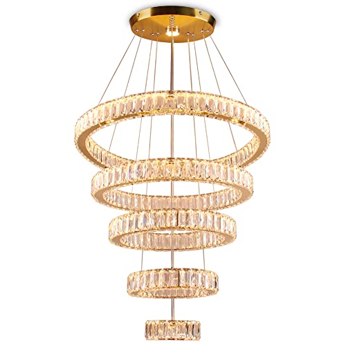 LED Big Crystal Chandeliers Modern 5 Rings Pendant Light Adjustable Ceiling Light