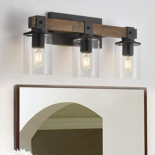 Rustic Wood Vanity Lights,3-Light Farmhouse Bathroom Lighting Fixtures with Clear Glass Shade