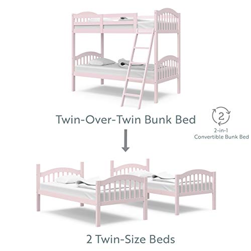 Storkcraft Long Horn Solid Hardwood Twin Bunk Bed, Pink Twin Bunk Beds for Kids with Ladder and Safety Rail