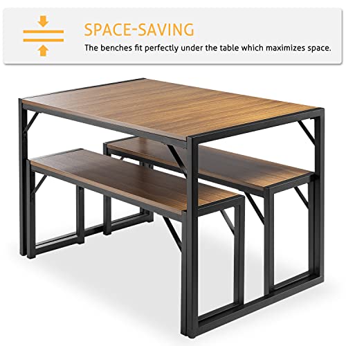 3-Piece Dining Table Set with 2 Benches, Rustic Kitchen Table Set for 4-6