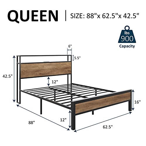Queen Size Bed Frame Industrial Platform Bed with Charging Station, 2-Tier Storage Headboard
