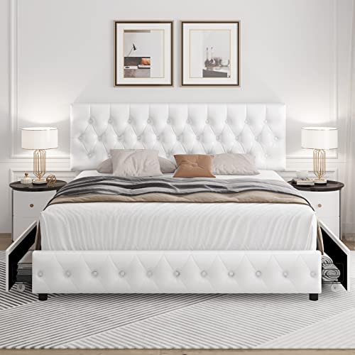 Modern Upholstered Bed Frame with 4 Drawers, Button Tufted Headboard Design