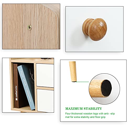 Bedside Table with Storage Drawers Mid Century Modern Nightstand with Vertical Open Storage Compartment and Solid Wood Legs