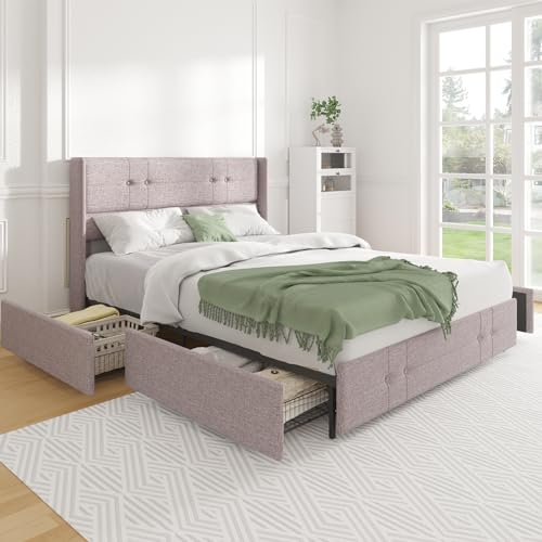 Queen Size Bed Frame Platform with 4 Storage Drawers and Fabric Upholstered