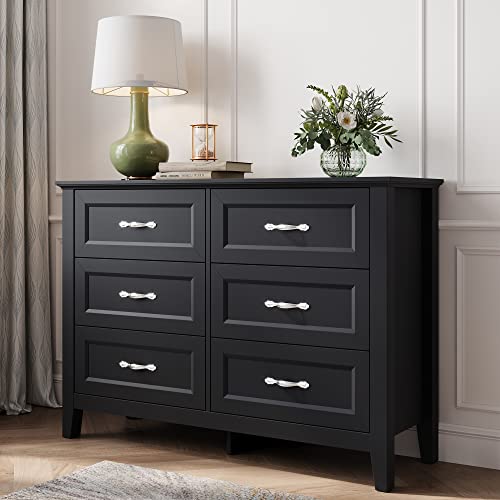 Long Dresser with 6 Drawers, Black Chest of Drawers