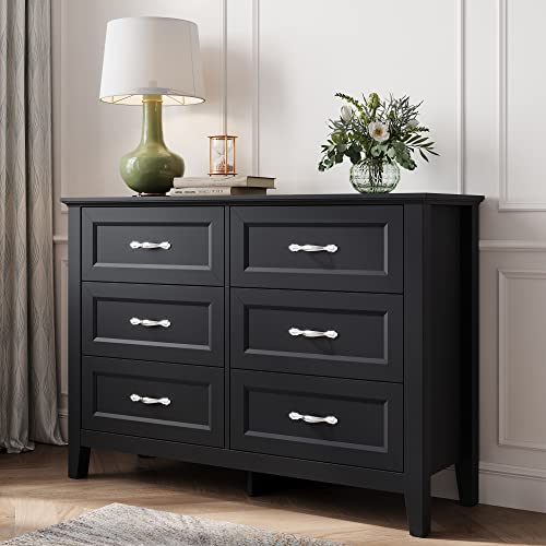 Dresser for Bedroom, Long Dresser with 6 Drawers, Black Chest of Drawers with Metal Handles