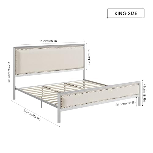 King Size Silver Metal Bed Frame with Velvet Upholstered Headboard, Platform Bed