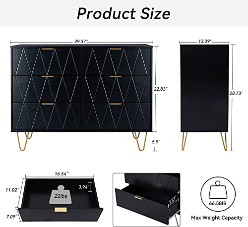 6 Drawer Dresser ,Modern Dresser Chest with Wide Drawers and Metal Handles