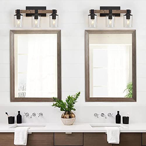 Rustic Wood Vanity Lights,3-Light Farmhouse Bathroom Lighting Fixtures