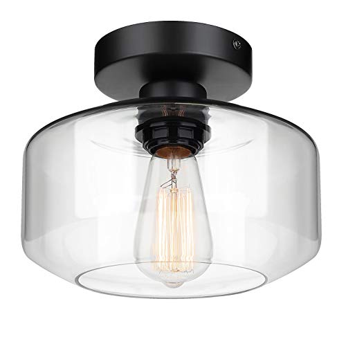 Industrial Semi Flush Mount Ceiling Light, Clear Glass Pendant Lamp Shade