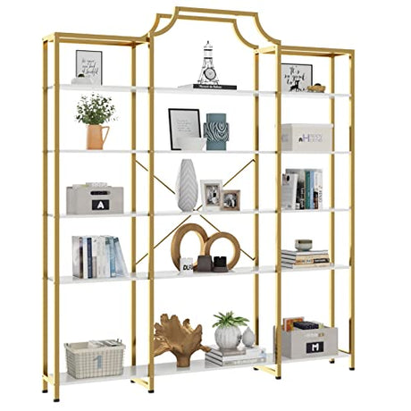 Triple Wide 5-Tier Bookshelf, 70.87" L x 79.13" H Extra Large Gold Bookcase,