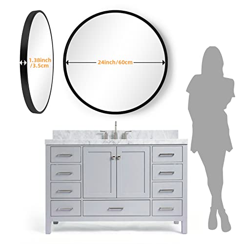 24 Inch Black Round Mirror, Wall Mounted Circle Mirror with Metal Frame