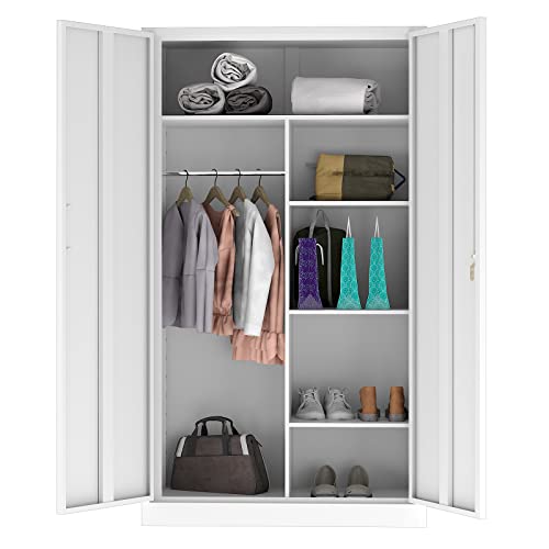 Steel Wardrobe Cabinet with 2 Doors, White Metal Locker Cabinet