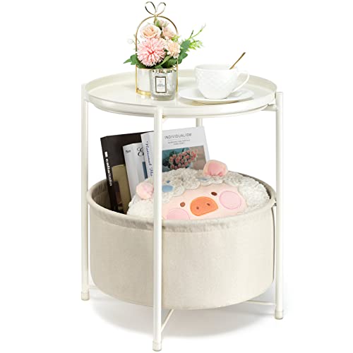 Round Side Table with Fabric Storage Basket