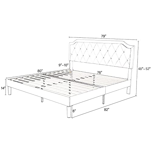 Upholstered King Size Bed Frame, Platform Bed with Curved Rhombic Button Tufted Headboard