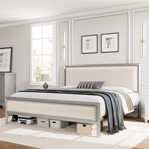 King Size Silver Metal Bed Frame with Velvet Upholstered Headboard, Platform Bed