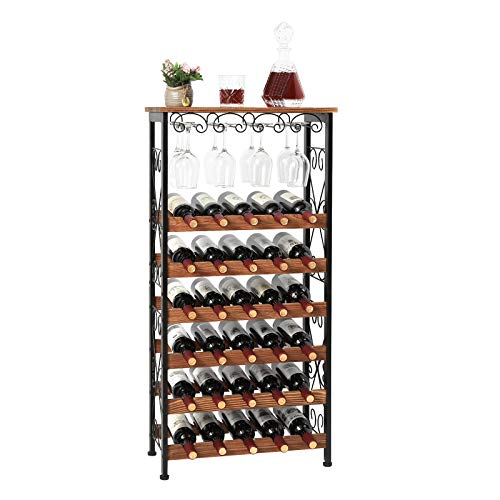 Rustic 30 Bottles Floor Wine Rack Shelf with Wine Glass Holder Rack