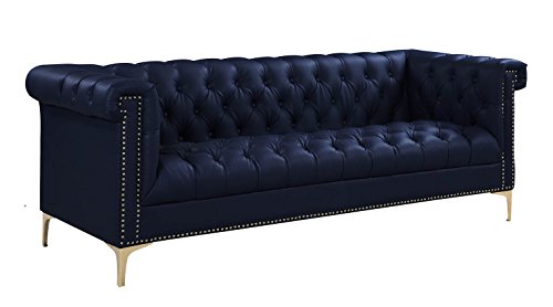 Gold Navy Blue Winston PU Button Tufted with Nail head Trim Tone Metal Sofa