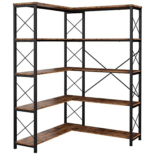 5-Shelf Corner Bookcase, Vintage Industrial Corner Bookshelf Etagere Bookcase