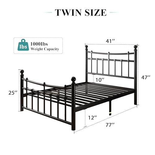 Metal Twin Bed Frame with Iron-Art Headboard, Heavy Duty Metal Platform Bed Frame