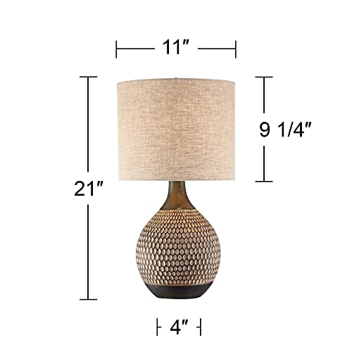 Emma Mid Century Modern Style Accent Table Lamp 21" High Brown Textured Wood Ceramic Oatmeal Fabric Drum Shade Decor