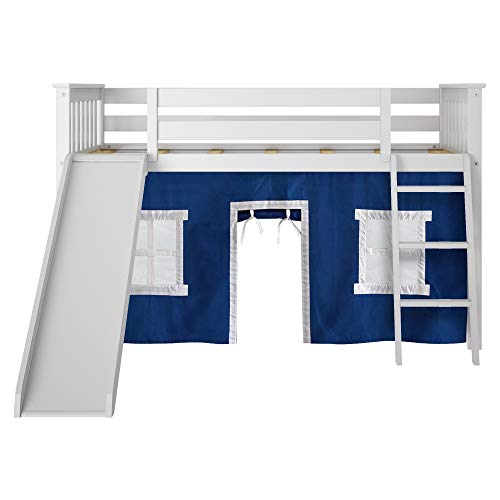 Low Loft Bed, Twin Bed Frame For Kids With Slide and Curtains For Bottom, White/Blue