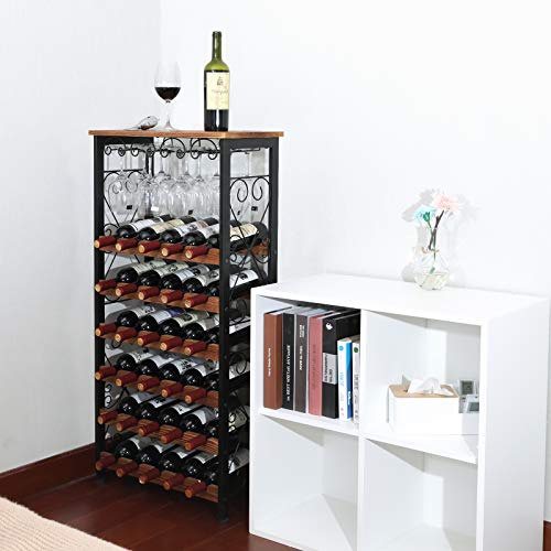 Rustic 30 Bottles Floor Wine Rack Shelf with Wine Glass Holder Rack