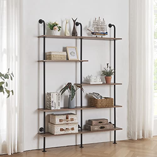 Industrial Bookshelf 5-Tier Open Wall Mount Ladder Bookshelf, Modern Bookcase