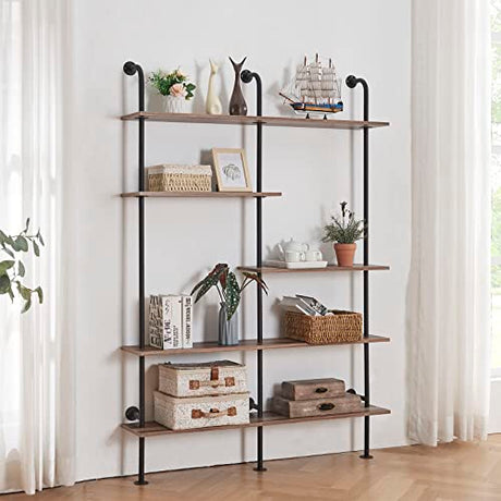 Industrial Bookshelf 5-Tier Open Wall Mount Ladder Bookshelf, Modern Bookcase