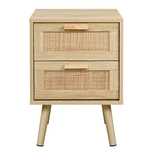 Nightstand, End Table, Side Table with 2 Hand Made Rattan Decorated Drawers