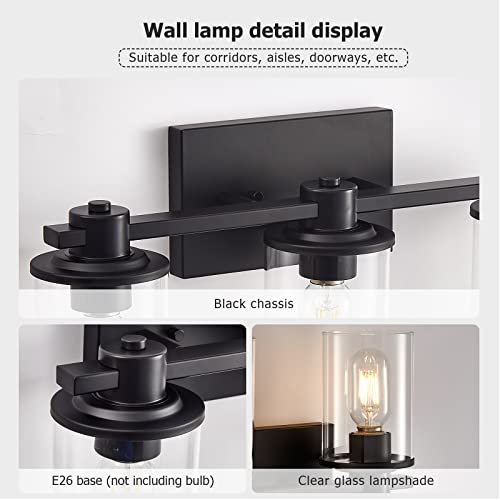 Black Vanity Light,3-Light Modern Bathroom Metal Wall Sconce Fixture with Clear Glass Shade